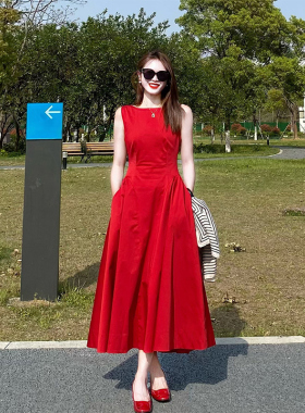 XZY 微胖法式时尚气质红色无袖连衣裙女25年夏季高级感垂坠感长裙