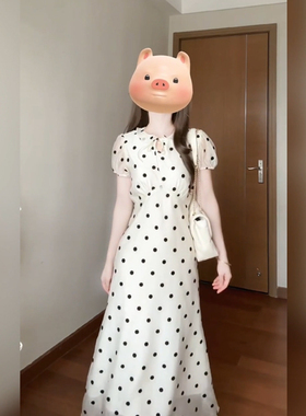 XZY/欣争艳 胖mm甜美法式泡泡袖波点连衣裙女夏季显瘦白色长裙子