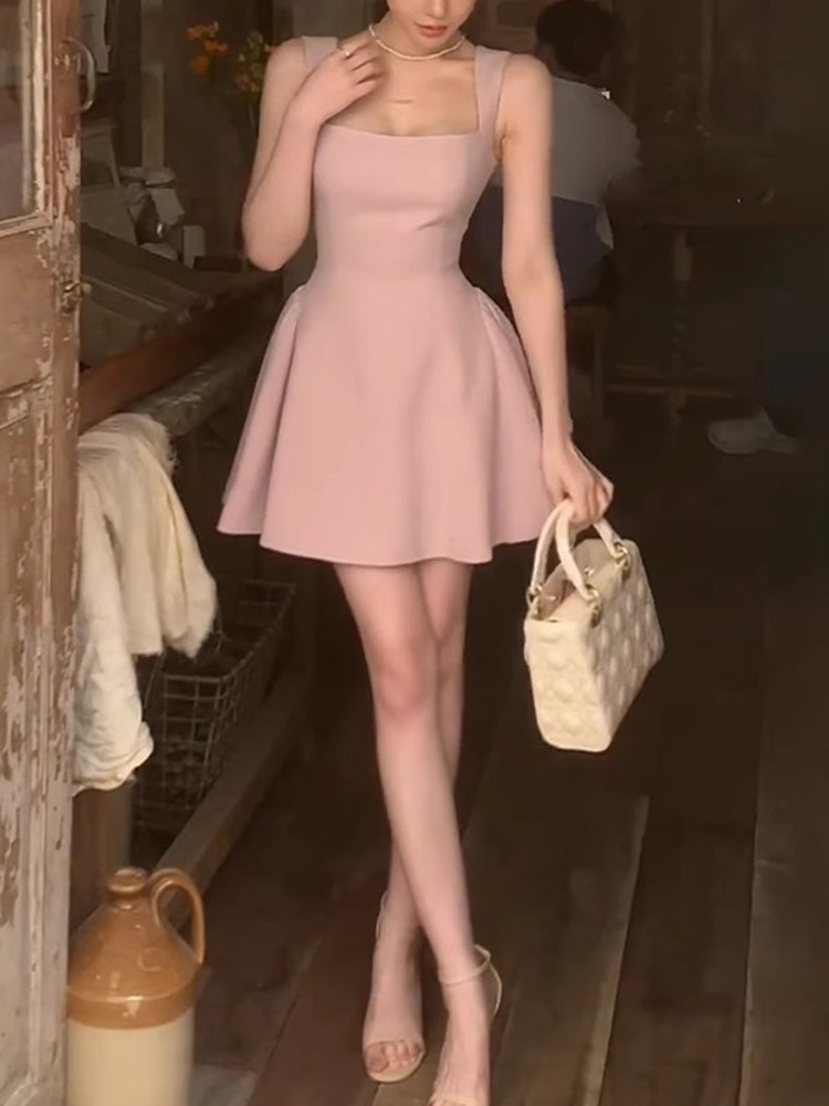 XZY/欣争艳 微胖mm法式千金芭蕾风吊带连衣裙女夏季纯欲收腰短裙