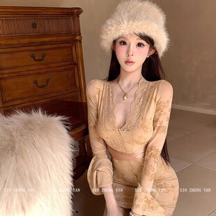 XZY/欣争艳 微胖mm名媛气质性感蕾丝连衣裙女秋季长袖收腰包臀裙