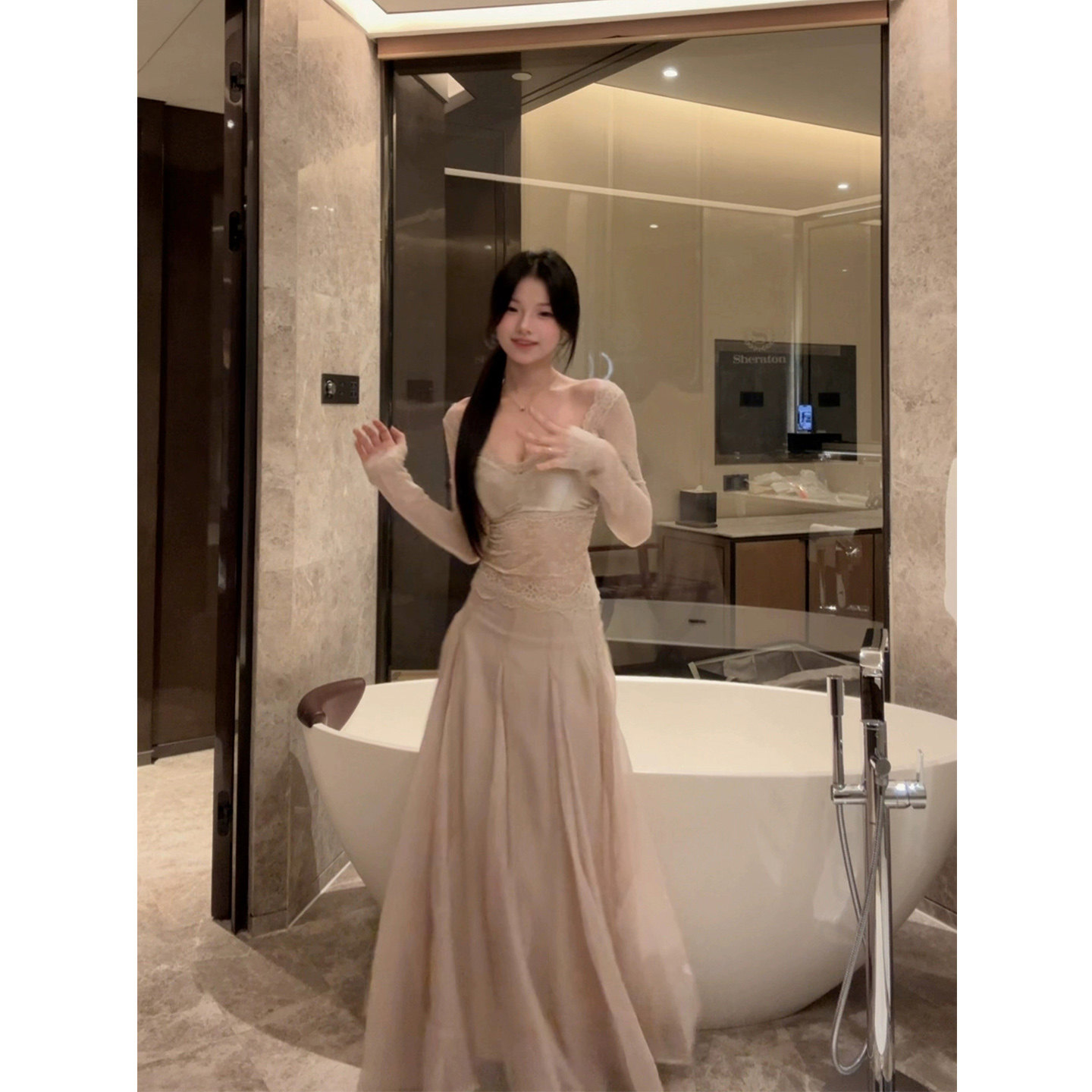 XZY 微胖纯欲性感蕾丝露背长袖上衣女25年冬季高腰大摆半身裙套装