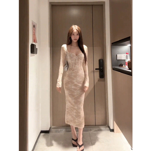 XZY 微胖法式纯欲蕾丝长袖鱼骨连衣裙女25年秋季修身性感包臀长裙