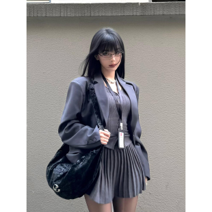 外套女25年早秋针织上衣百褶裙套装 宽松廓形西装 微胖纯欲时尚 XZY