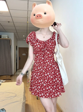 XZY/欣争艳 胖mm复古甜美红色碎花泡泡袖连衣裙女夏季显瘦短裙子