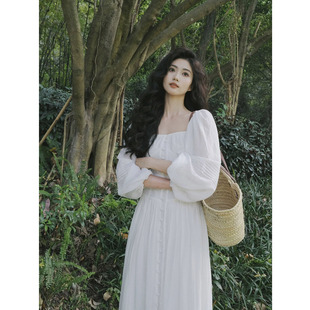 高级感泡泡袖 复古方领白色仙女连衣裙女夏季 茶歇雪纺长裙 法式 大码