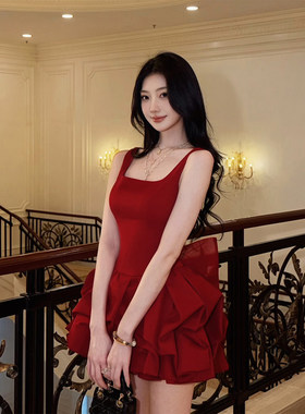 法式优雅千金红色吊带连衣裙女