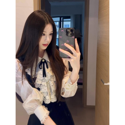 千金miu系假两件蕾丝丝绒连衣裙