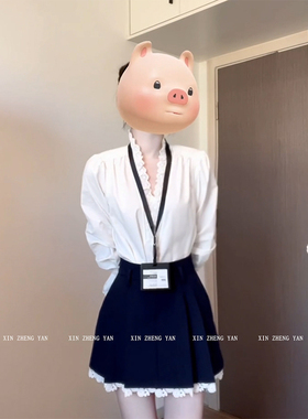 XZY/欣争艳 微胖mm韩版白色蕾丝花边V领衬衣女25年春高腰半裙套装