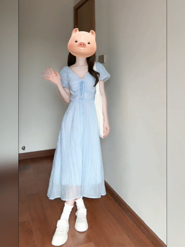 微胖法式泡泡袖蓝色v领连衣裙