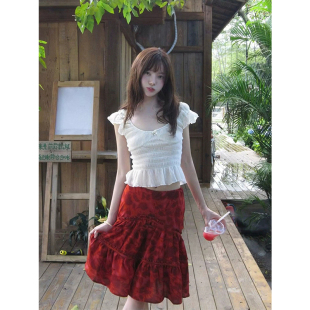 XZY 微胖韩系度假风方领小飞袖上衣女25年夏季木耳边印花半裙套装