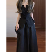 微胖通勤赫本风无袖 修身 马甲背心女25年夏季 XZY 黑色大摆伞裙套装