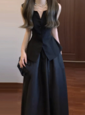 XZY 微胖通勤赫本风无袖修身马甲背心女25年夏季黑色大摆伞裙套装