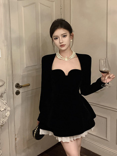 微胖mm气质名媛高级感丝绒连衣裙女秋冬法式富家千金晚礼服小黑裙