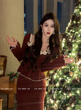 XZY 微胖复古红色花朵收腰针织上衣女25年冬季小香风圣诞战袍穿搭