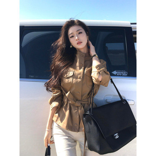 复古系带收腰显瘦PU皮夹克女