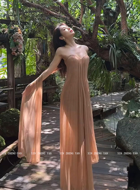 XZY/欣争艳 微胖mm温柔仙气抹胸网纱连衣裙女夏季度假风露背长裙