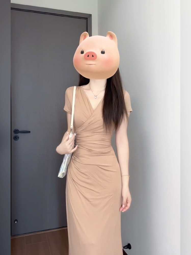 胖mm法式御姐气质褶皱短袖连衣裙