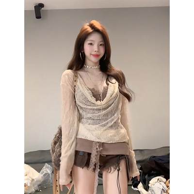 微胖复古辣妹蕾丝荡领假两件短裙