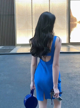 XZY 微胖御姐气质蓝色方领吊带连衣裙女25年夏季性感露背包臀短裙