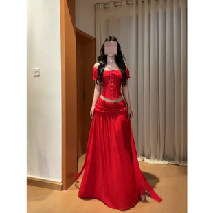 XZY 微胖辣妹性感红色一字肩绑带鱼骨上衣女氛围感海边度假两件套