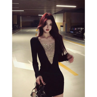 XZY 气质收腰包臀短裙 微胖纯欲辣妹亮片拼接V领连衣裙女25年冬季