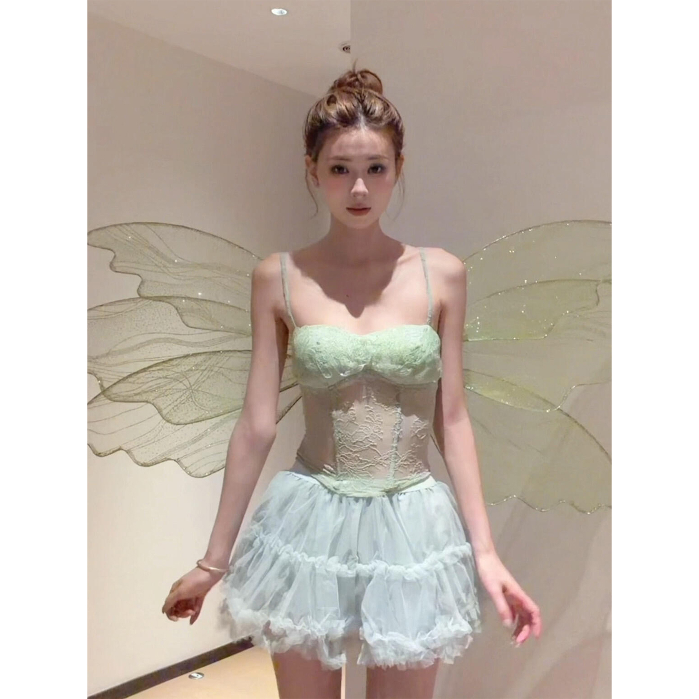 XZY 微胖法式仙气绿色蕾丝性感吊带上衣女重工蛋糕蓬蓬半身裙套装