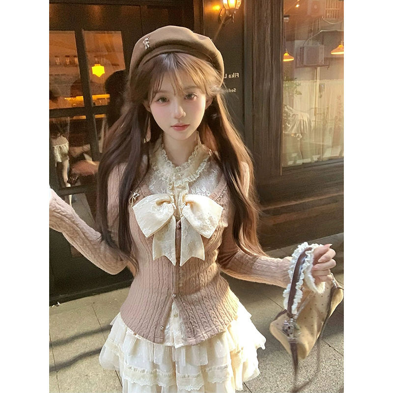 古早甜美长袖针织开衫蝴蝶结背心