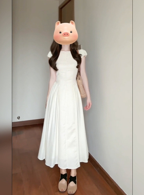 XZY/欣争艳 胖mm法式温柔泡泡袖白色连衣裙女夏圆领褶皱收腰长裙