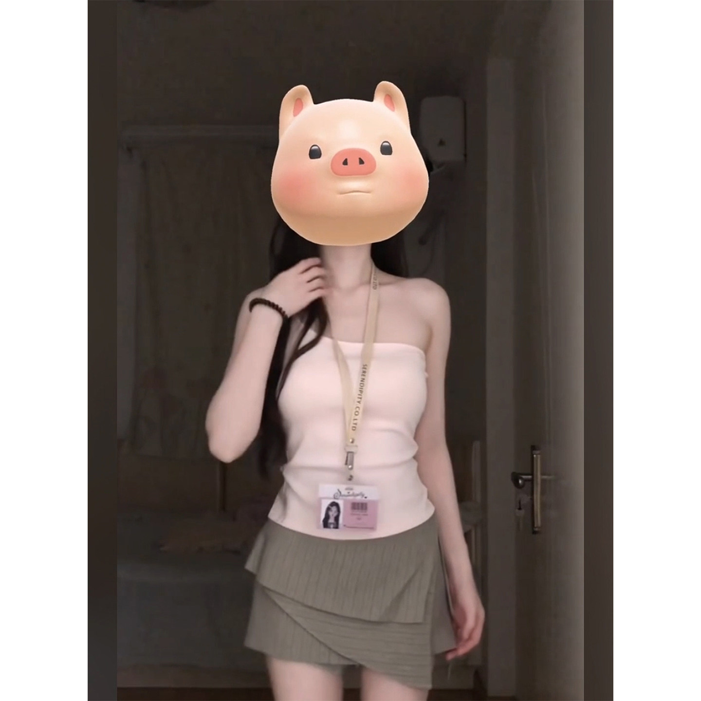 XZY 微胖浅粉斜肩修身弹力背心上衣女夏灰色条纹开叉裙裤辣妹套装