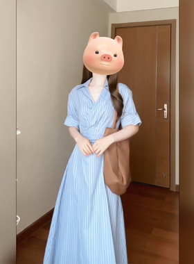 XZY/欣争艳 胖mm法式复古蓝色条纹衬衫连衣裙女夏季通勤气质长裙