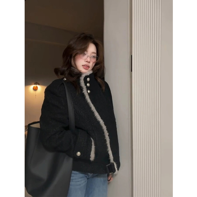 微胖复古高级感毛毛拼接立领夹克