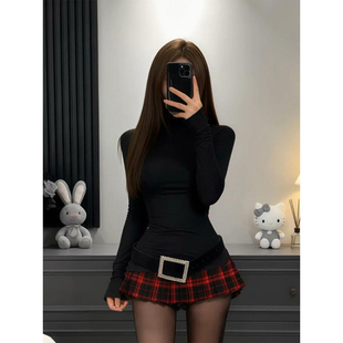 高腰格纹百褶半裙套装 XZY 微胖气质御姐风正肩打底上衣女25年冬季