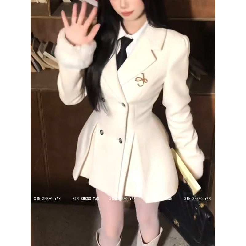 微胖mm韩系学院风长袖西装连衣裙