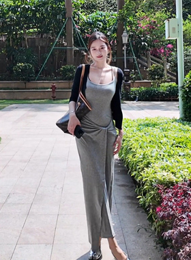 XZY 微胖淡人穿搭扭结灰色吊带连衣裙女25年夏修身包臀裙开衫套装