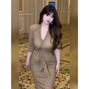 连衣裙女修身 XZY 气质优雅细闪V领长袖 胖mm法式 性感包臀裙 欣争艳