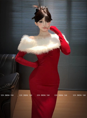 XZY/欣争艳 胖mm纯欲性感新年红色战袍女秋冬显瘦毛毛拼接包臀裙