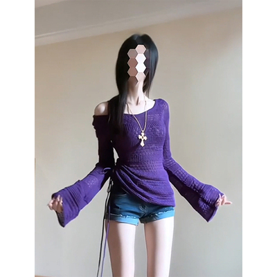 微胖纯欲辣妹性感紫色收腰针织衫