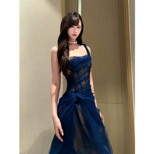 XZY 微胖御姐气质网纱拼接吊带连衣裙女25年冬季绝美收腰礼服长裙