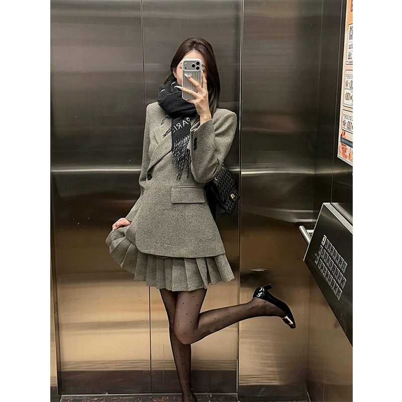 微胖韩系高智感通勤灰色西装外套