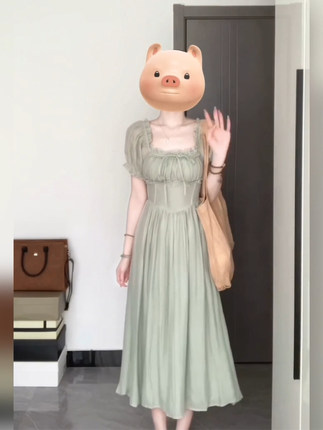 XZY/欣争艳 胖mm法式温柔风方领泡泡袖连衣裙女夏季气质仙女长裙