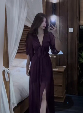 XZY 微胖御姐气质性感深V紫色连衣裙女25年夏季系带收腰显瘦裙子