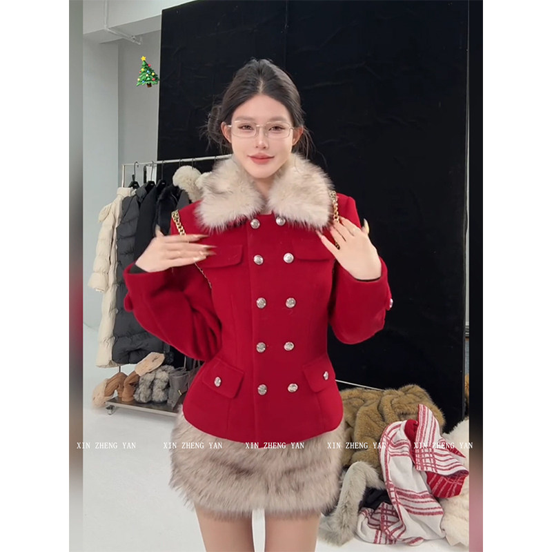 XZY/欣争艳 微胖mm复古高级感红色毛领外套女秋冬设计感新年穿搭,女装/女士精品,大码套装,淘宝优惠券,粉丝福利购,淘宝优惠卷