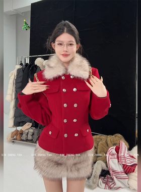 XZY/欣争艳 微胖mm复古高级感红色毛领外套女秋冬设计感新年穿搭