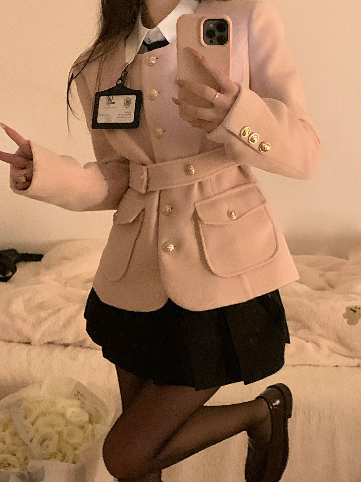 微胖甜辣妹氛围感穿搭女春季学院风收腰西装外套高腰百褶裙三件套