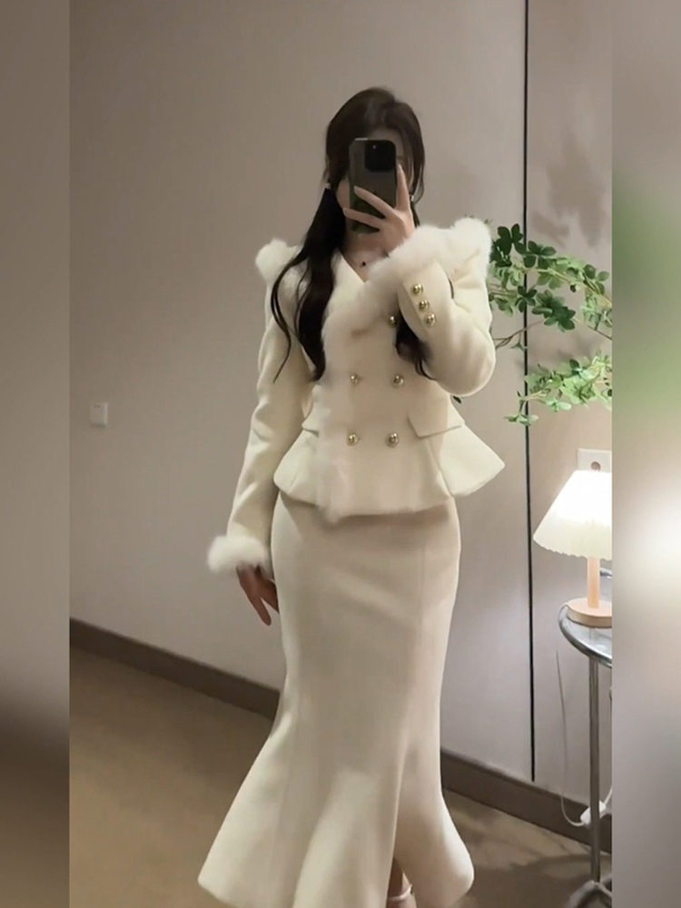 高级感小香风毛呢外套鱼尾半身裙