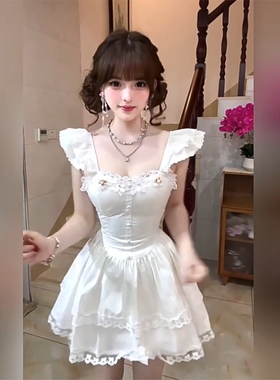 XZY 微胖甜美减龄小飞袖立体花朵连衣裙女25年夏季白色公主蓬蓬裙