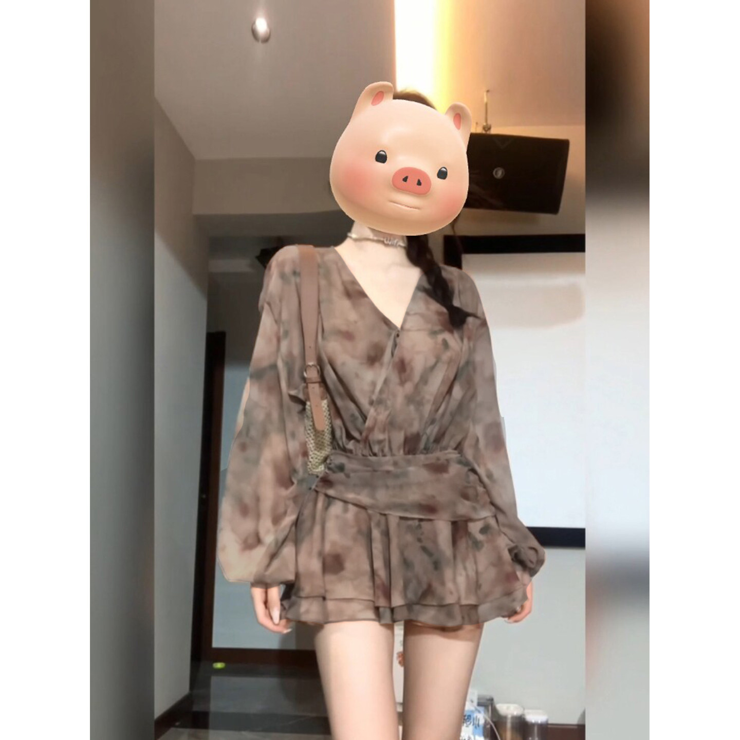 胖mm复古晕染碎花雪纺v领百褶连衣裙女26年春高级感气质度假短裙