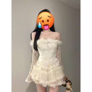 网纱半裙套装 XZY 微胖纯欲温柔蕾丝拼接一字肩毛毛上衣女25年冬季