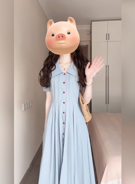XZY/欣争艳 胖mm法式通勤翻领蓝色衬衫连衣裙女夏泡泡袖收腰长裙