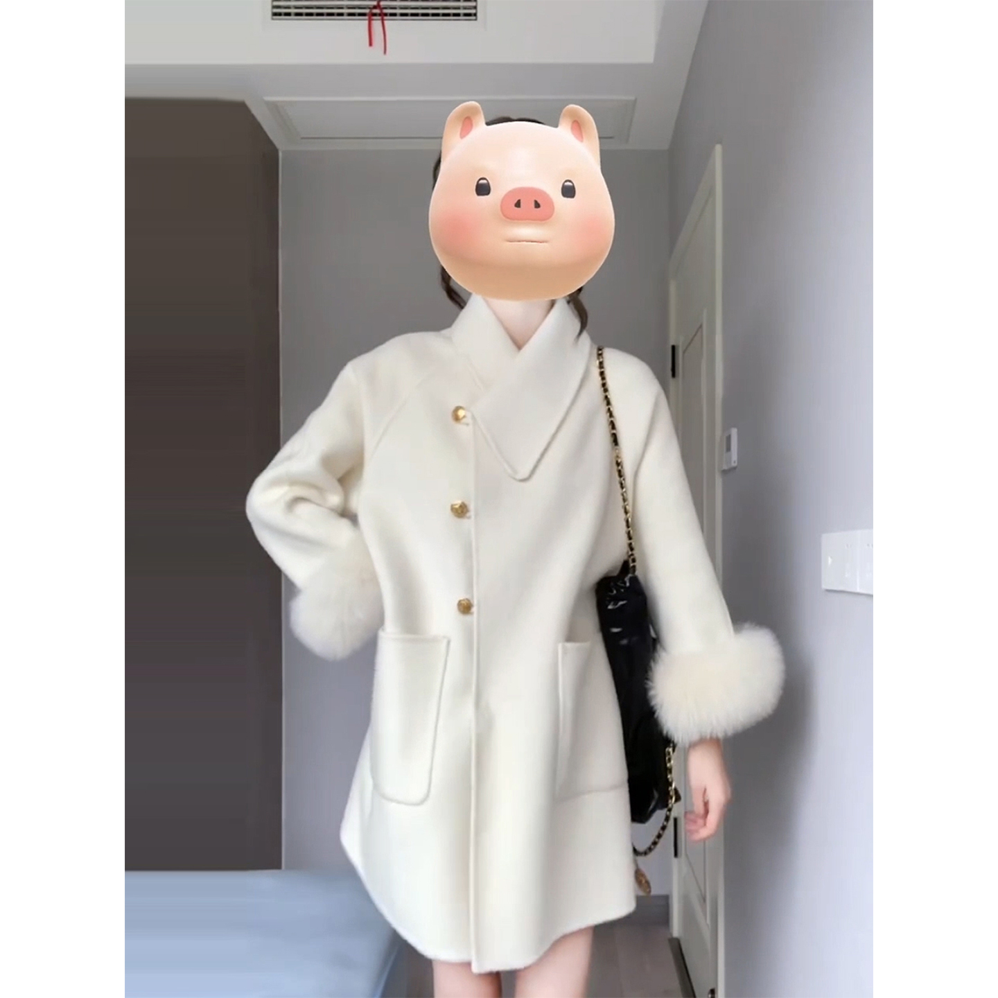 微胖韩系温柔千金风翻领毛呢外套